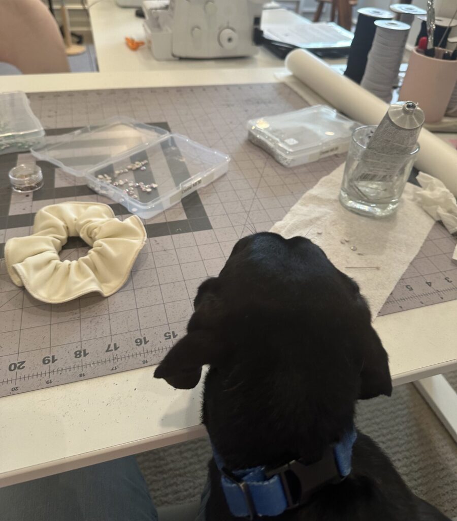 Dachshund helping with adding crystals to a scrunchie